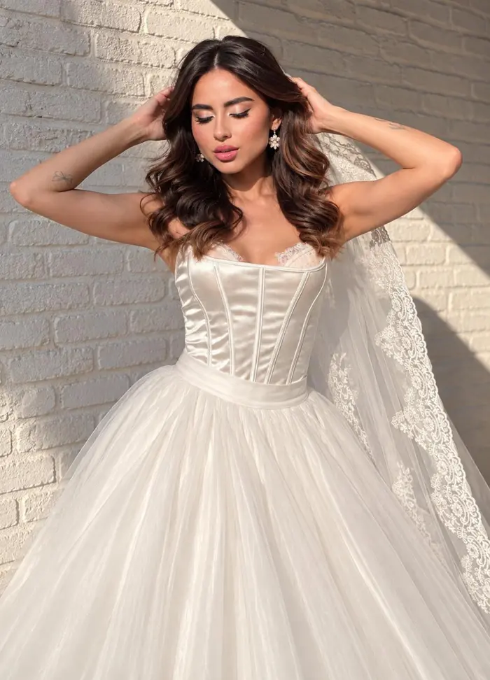 Noiva com vestido corset, saia de tule e véu de renda