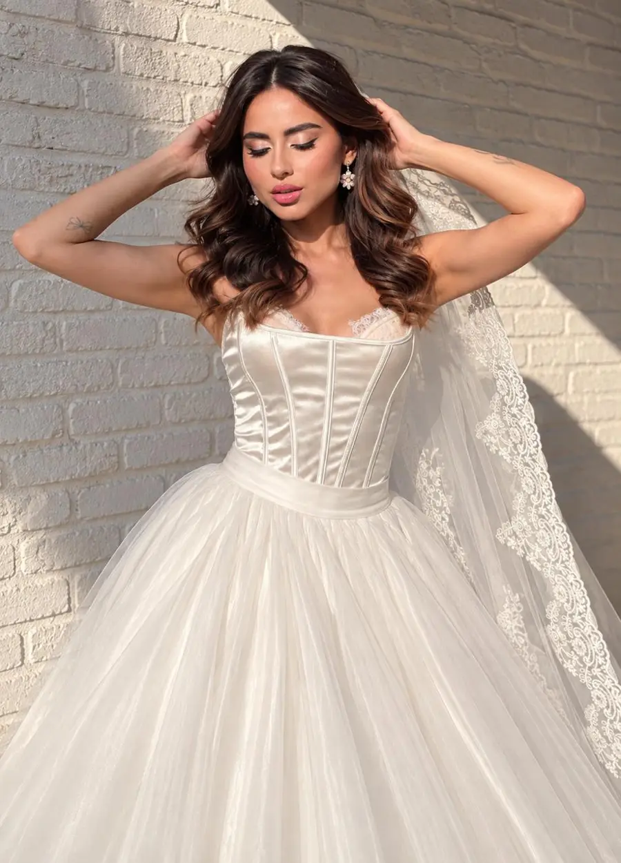 Noiva com vestido corset, saia de tule e véu de renda, maquiagem de Lisa Stamato