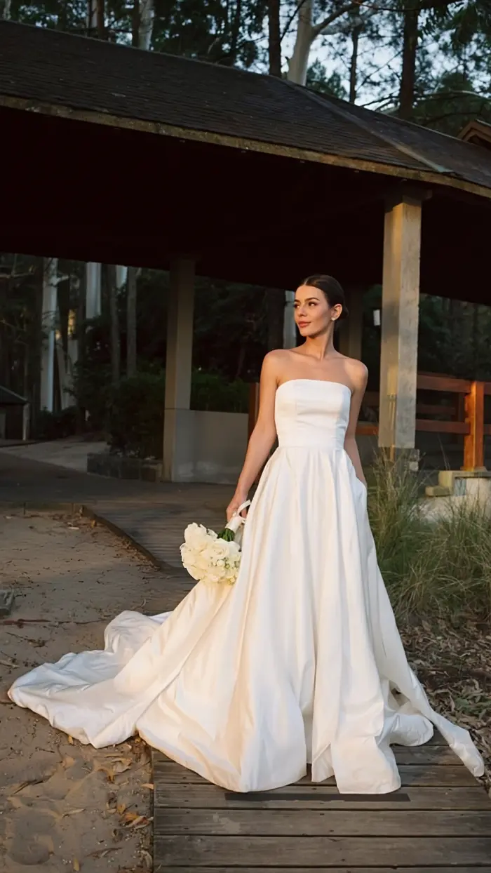 Noiva com vestido tomara que caia e buquê de rosas brancas ao ar livre